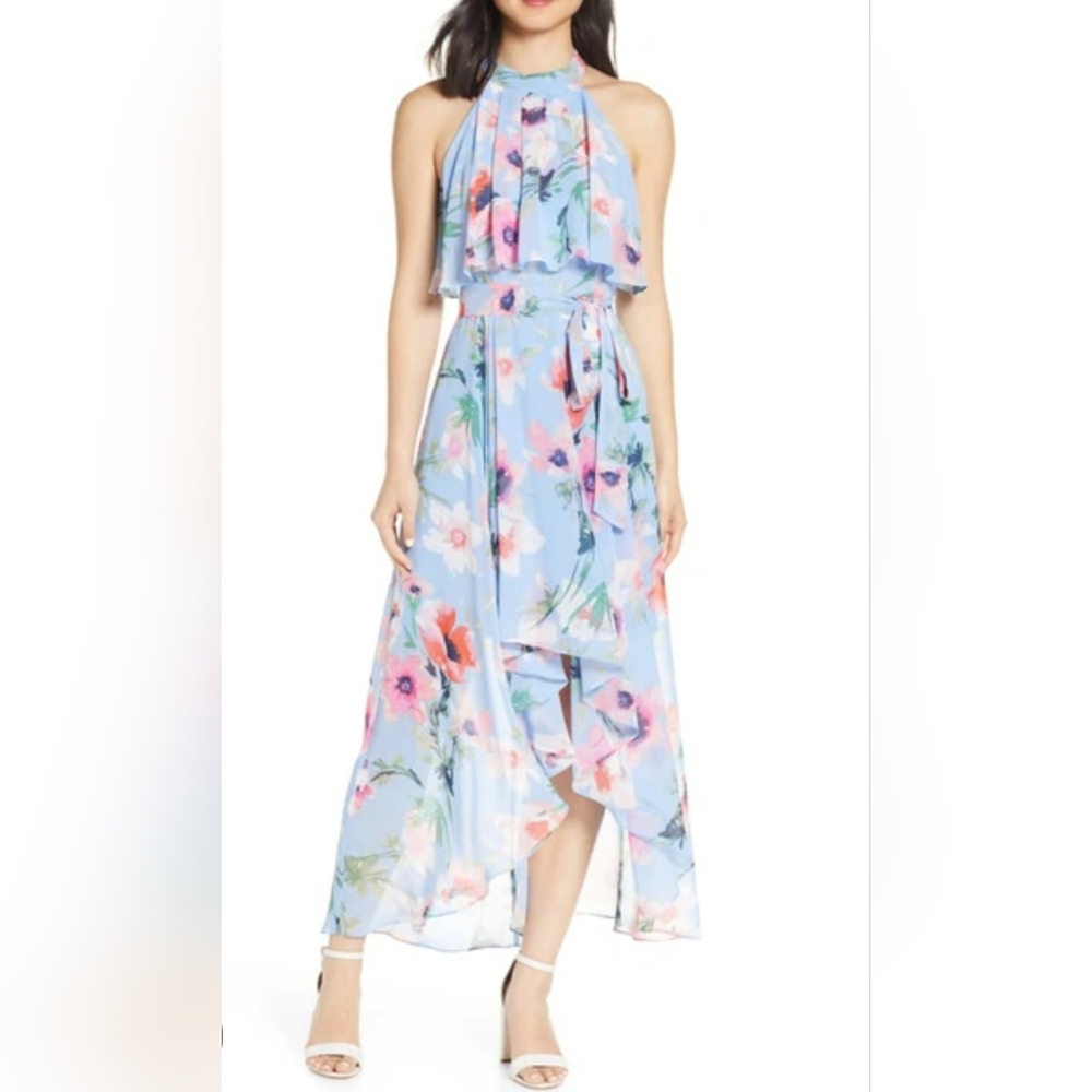 Eliza J Halter Floral Sheer Ruffle Aysmeyrical Zip Midi Cocktail Party Dress